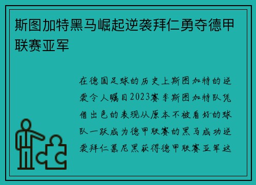 斯图加特黑马崛起逆袭拜仁勇夺德甲联赛亚军