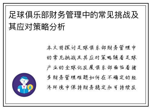 足球俱乐部财务管理中的常见挑战及其应对策略分析