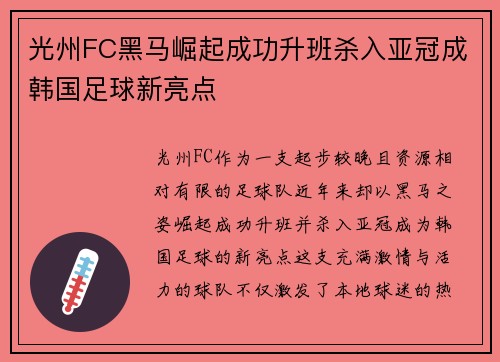 光州FC黑马崛起成功升班杀入亚冠成韩国足球新亮点 光州FC黑马崛起成功升班杀入亚冠成韩国足球新亮点