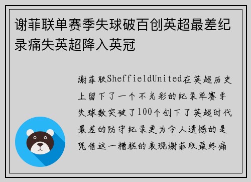 谢菲联单赛季失球破百创英超最差纪录痛失英超降入英冠