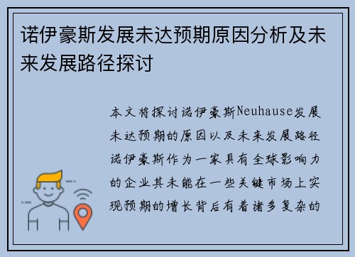 诺伊豪斯发展未达预期原因分析及未来发展路径探讨 诺伊豪斯发展未达预期原因分析及未来发展路径探讨