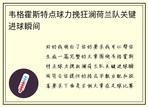 韦格霍斯特点球力挽狂澜荷兰队关键进球瞬间
